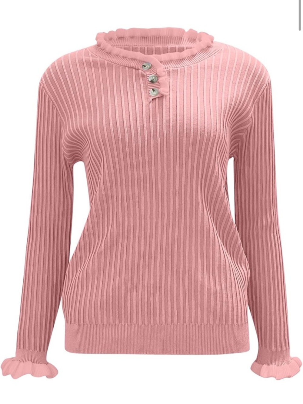 Women’s Sweater Medium Rose Pink Long Sleeve Crewneck Knit Tops Ruffle Button B1